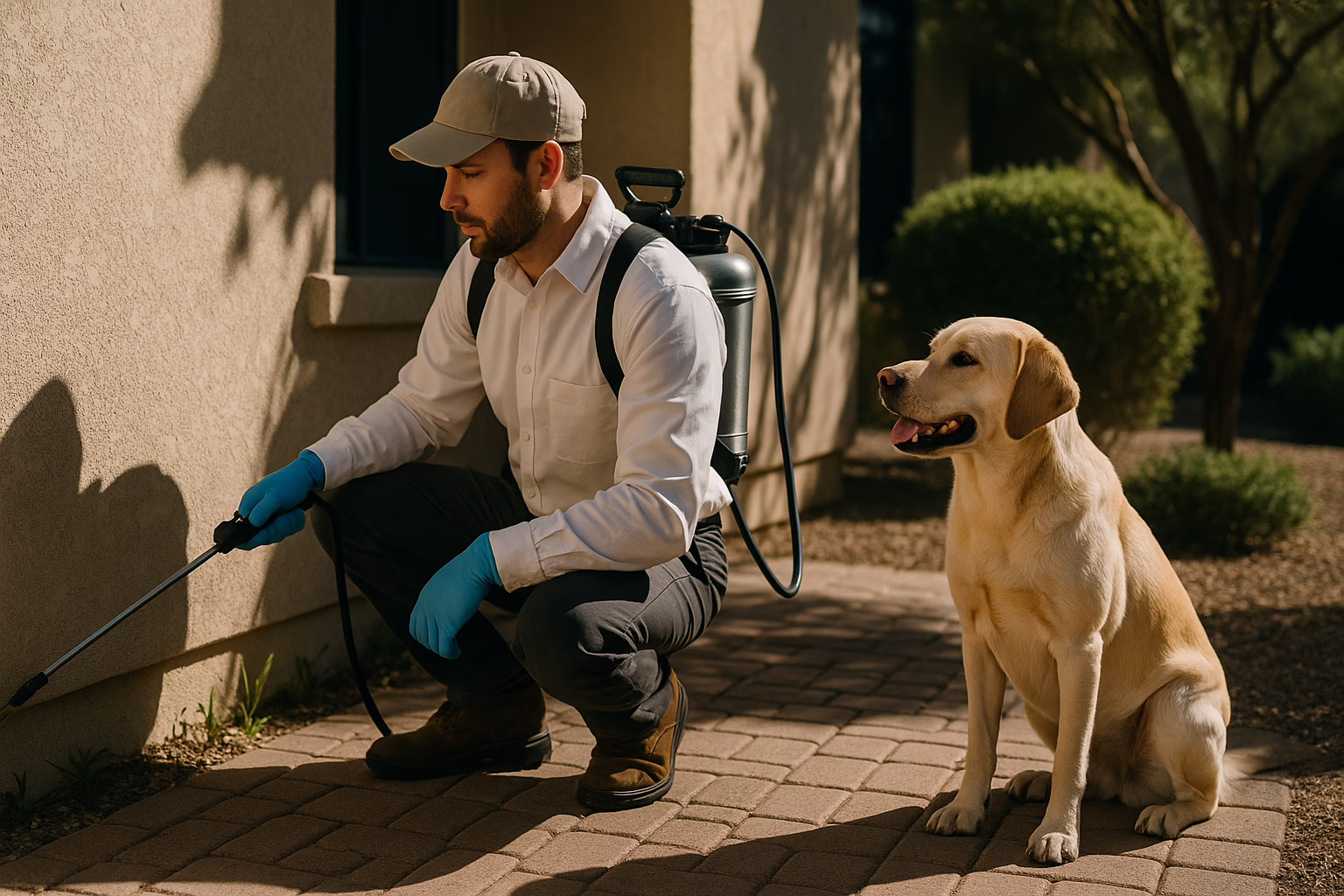 A pest control professional in a cap and gloves sprays near a house with a golden retriever seated beside him.
