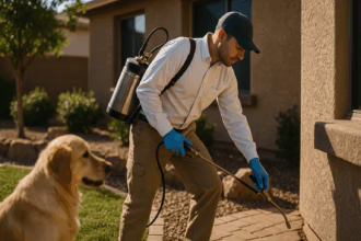 A man in a white shirt and blue gloves uses a sprayer near a house while a golden retriever watches.