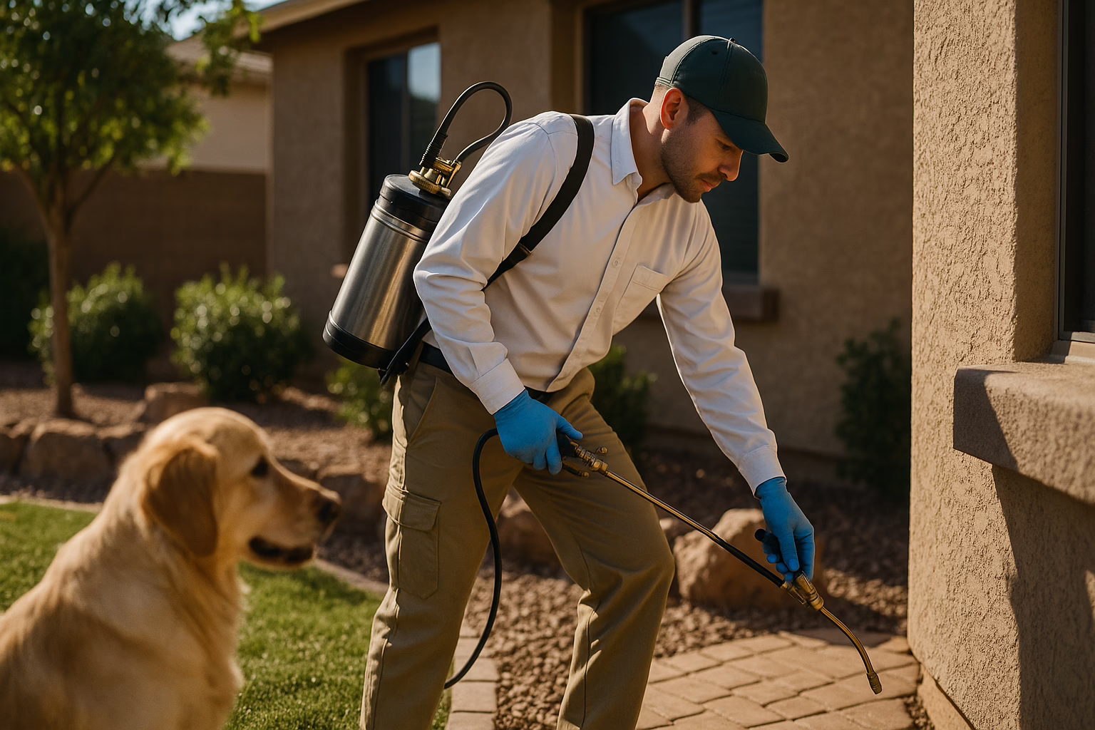 A man in a white shirt and blue gloves uses a sprayer near a house while a golden retriever watches.