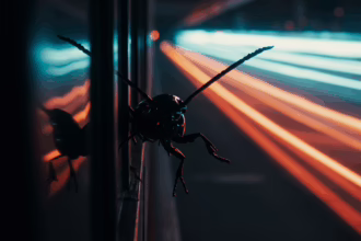 A black insect with long antennae clings to a surface, with bright streaks of blue and orange light in the background.