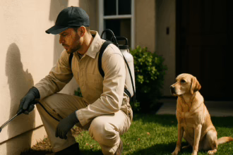 A pest control technician kneels by a wall, applying treatment, while a yellow Labrador retriever sits nearby.
