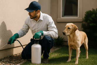A man in a white shirt and cap kneels beside a yellow lab, using a sprayer on the exterior wall of a house.