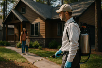 A pest control worker in gloves carries a sprayer, walking past a house with a woman and child in the background.